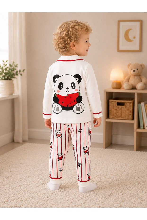 100% Cotton Long Sleeve Buttoned Panda Patterned Back Printed Soft Textured Bottom Top Girls Boys Unisex Baby Pajama Set