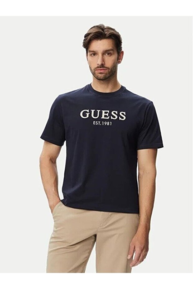 Crew Neck Short Sleeve Logo Embroidered Men's Navy Blue T-Shirt M6Yi41K4227-G7V2