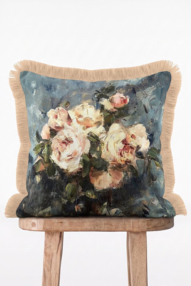 Blue Background Pastel Rose Bouquet Oil Painting Effect Fringed Cushion Cover