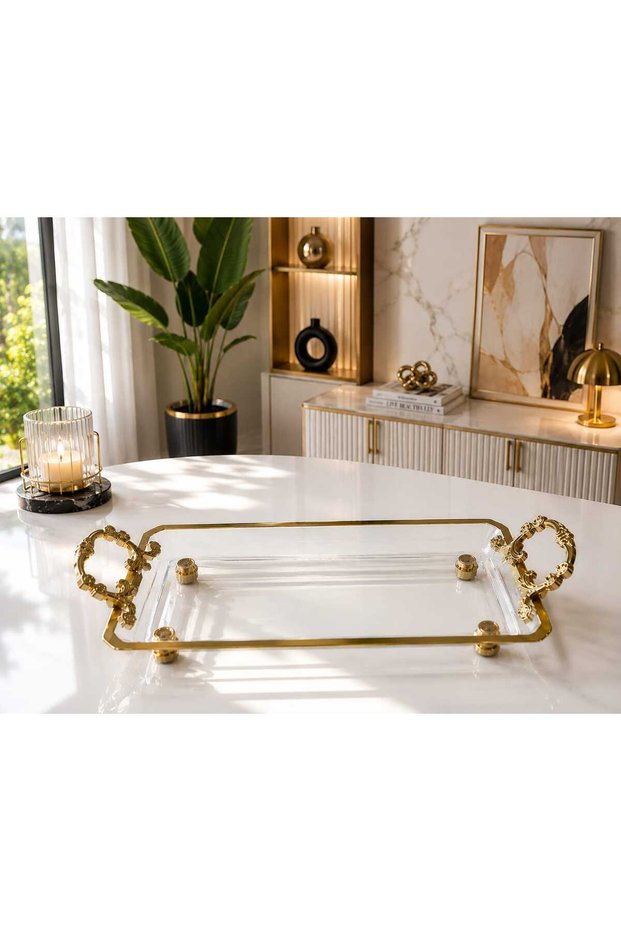 Transparent Decorative Presentation Rectangular Serving Tray with Gold Detailing, Feet and Handles