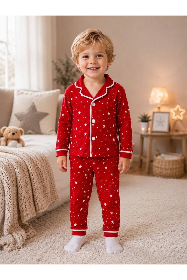 100% Cotton Long Sleeve Red and Navy Blue Star Printed Soft Textured Boys Girls Unisex Bottom Top Baby Pajama Set