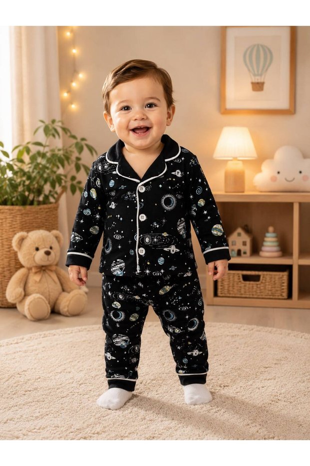 100% Cotton Long Sleeve Buttoned Space Patterned Soft Textured Bottom Top Girls Boys Unisex Baby Pajama Set