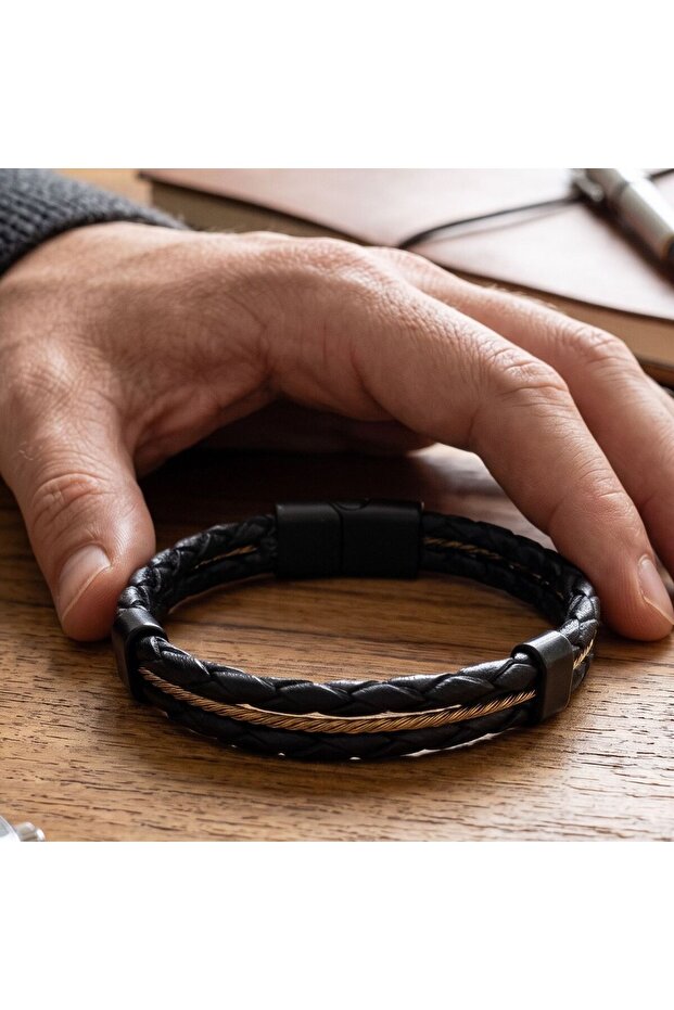 Black Genuine Leather Men's Bracelet with Bronze Detail