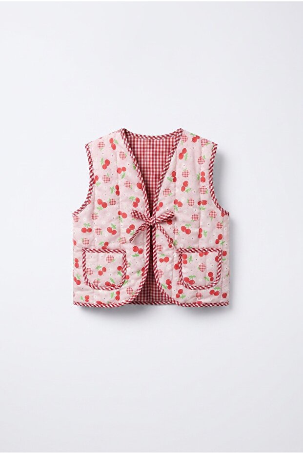 Girl's Cherry Patterned Pink Quilted School Vest