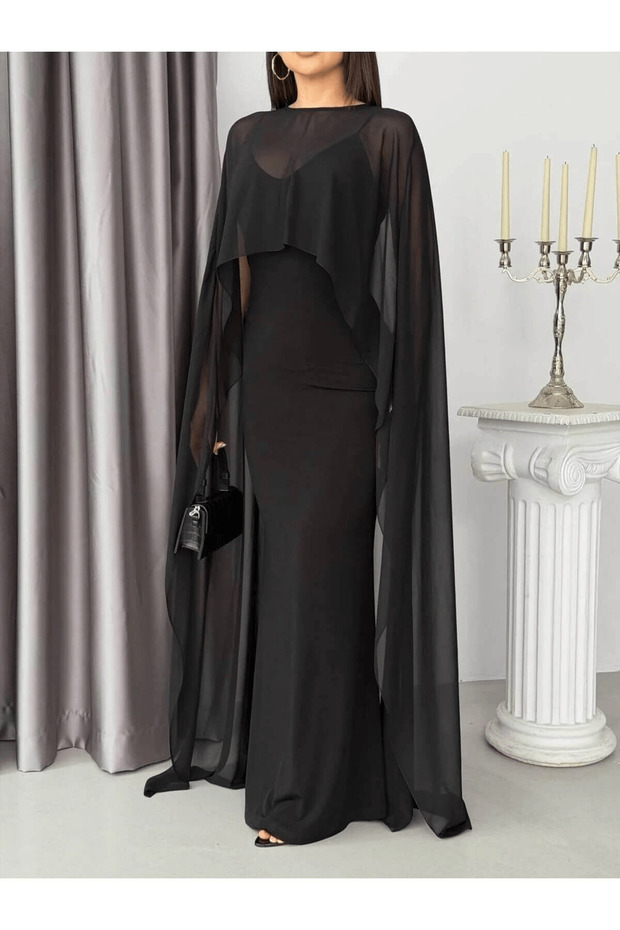 Women's Black Cape Chiffon Detailed Body-Hugging Long Evening Dress with Cape Detail for Special Occasions