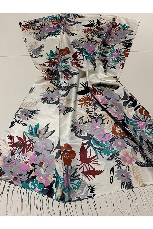 Fall Flowers Patterned Silk Shawl Cream