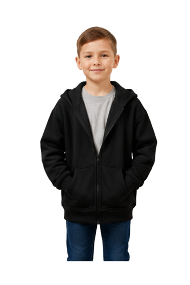 Unisex Black Hooded Zippered Basic Sweatshirt with Kangaroo Pocket for Girls and Boys