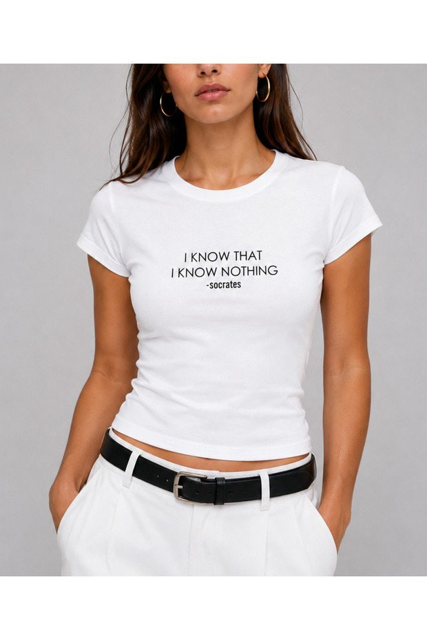 Women's White Slogan Printed Basic Crew Neck Flexible Short Sleeve Tshirt