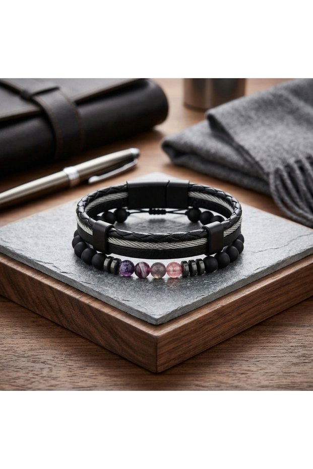 Metallic Gray Steel Rope Detailed Black Leather and Purple/Pink Natural Stone Double Men's Bracelet Set