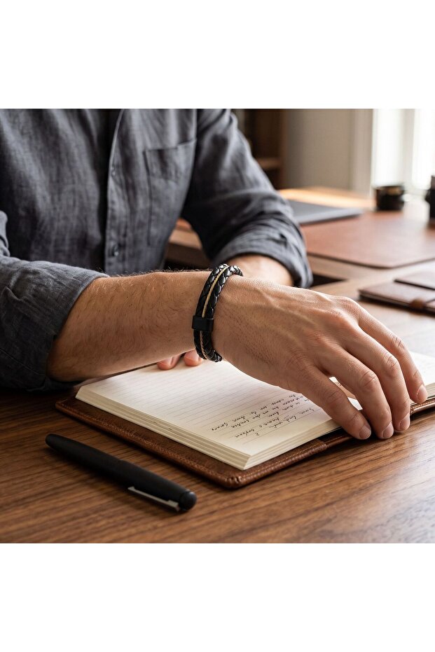 Black Genuine Leather Steel Clip Men's Bracelet