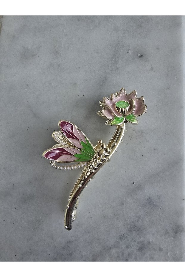 Gold Color Pink Enamel Dragonfly, Water Lily, Flower and Pearl Metal Hair Clip