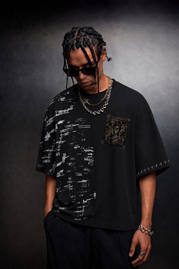 Men's Black Semantic Decay Print Oversize Tshirt