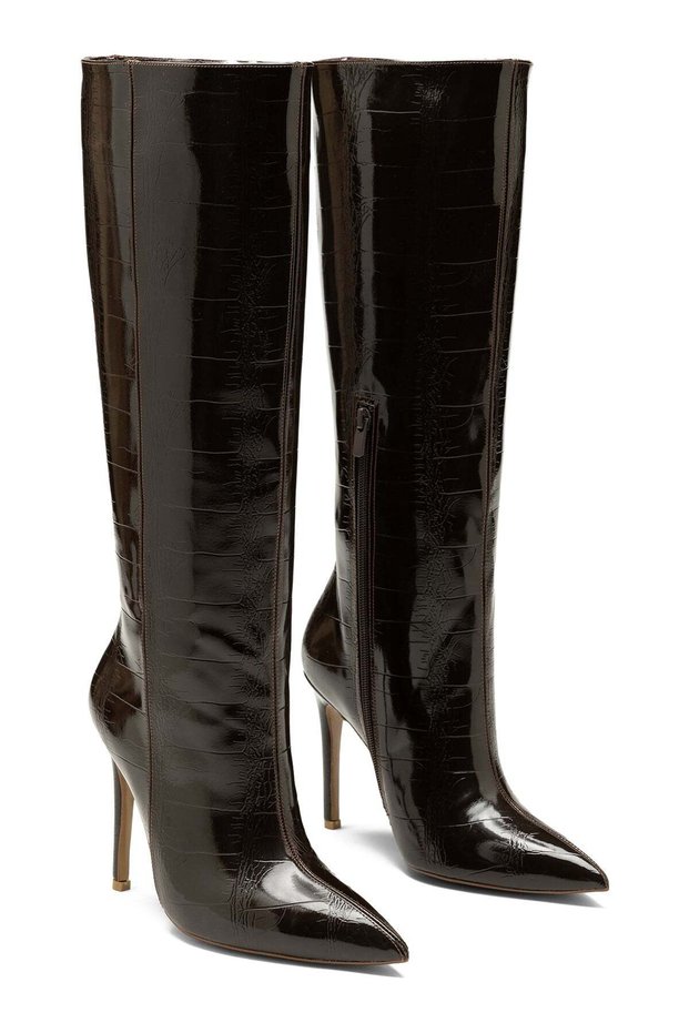 Women's High Heeled Below the Knee Zippered Brown Crocco Detailed Pointed Toe Boots