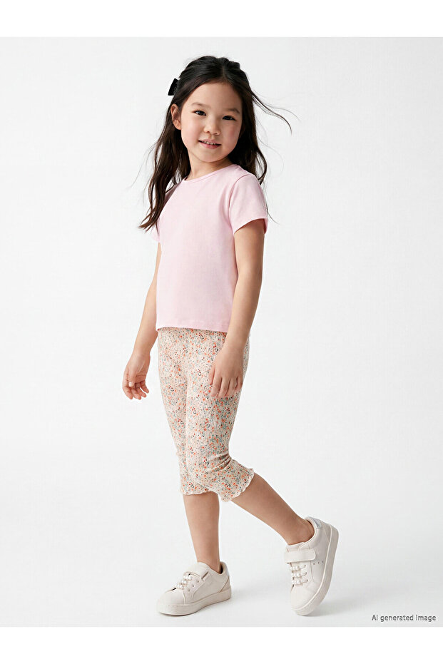 Nevavm Floral Patterned Ribbed Girls' 3/4 Length Leggings with a Difference