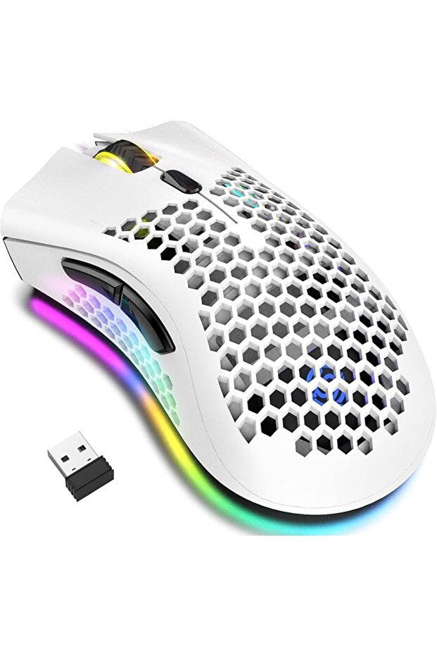 ماوس العاب لاسلكي مريح باضاءة من الفضاء اللوني RGB وهيكل بتصميم خلية نحل و6 ازرار مبرمجة مع زر DPI ق