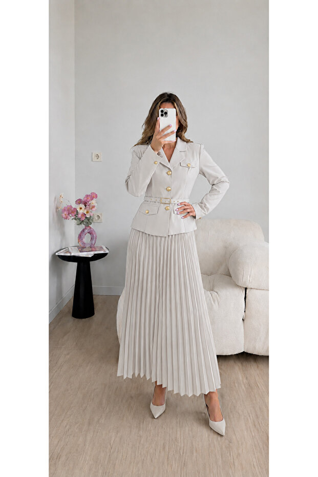 Pleated Belted Jacket Skirt Double Blazer Set