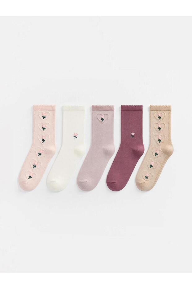 Flower Embroidered Women's Socks 5-Pack (W6)