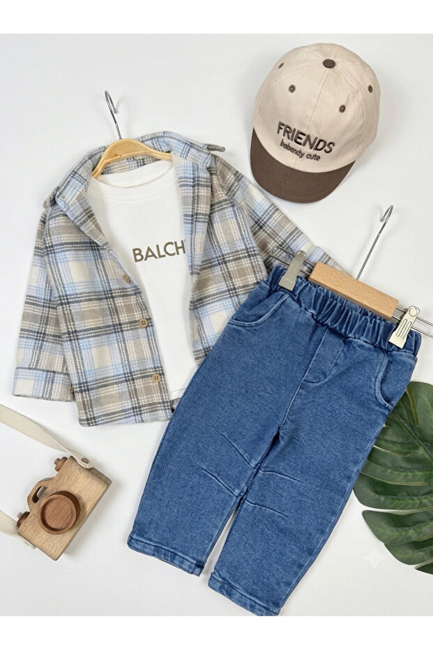 Lumberjack Buttoned Shirt, Printed Bodysuit, Lycra Stretch Jeans and Printed Hat 4-Piece Baby Boy Set