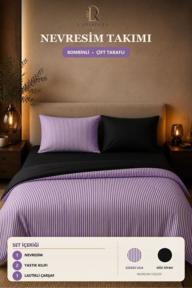 Double Sided Cotton Duvet Cover Set Striped-Plain Black 4 Piece Set with Fitted Sheet