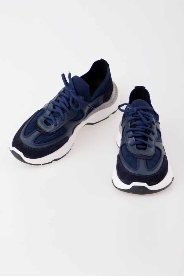 Alpi Navy Blue Genuine Leather Knitwear Men's Sneaker Shoes