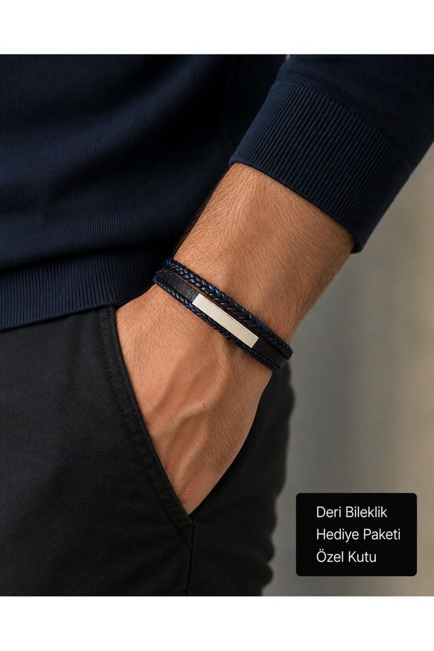 Dorian Navy Blue Black Braided Leather Men's Bracelet – with Shiny Metal Plate