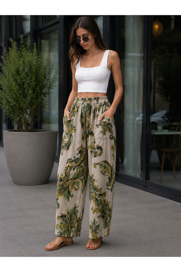 Women's Beige Imported 100% Linen Green Shawl Patterned Wide Leg Pants with Elastic Waist and Pockets