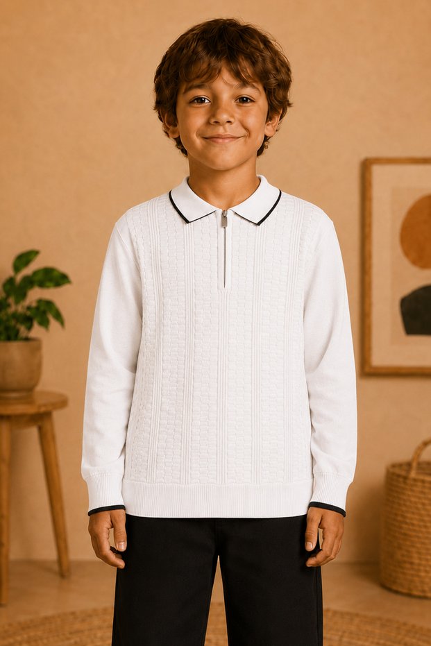 7-15 Years Old Boys' Polo Collar Half Zipper Self-Patterned Long Sleeve Knitwear Sweater