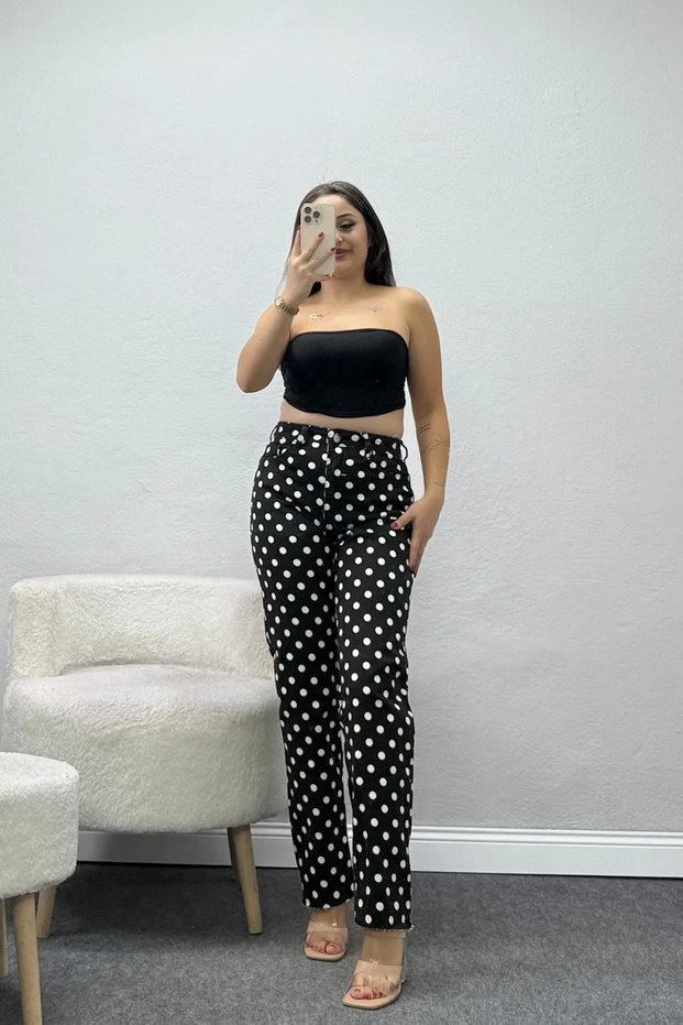 Women's Polka Dot Patterned Straight Jeans Black