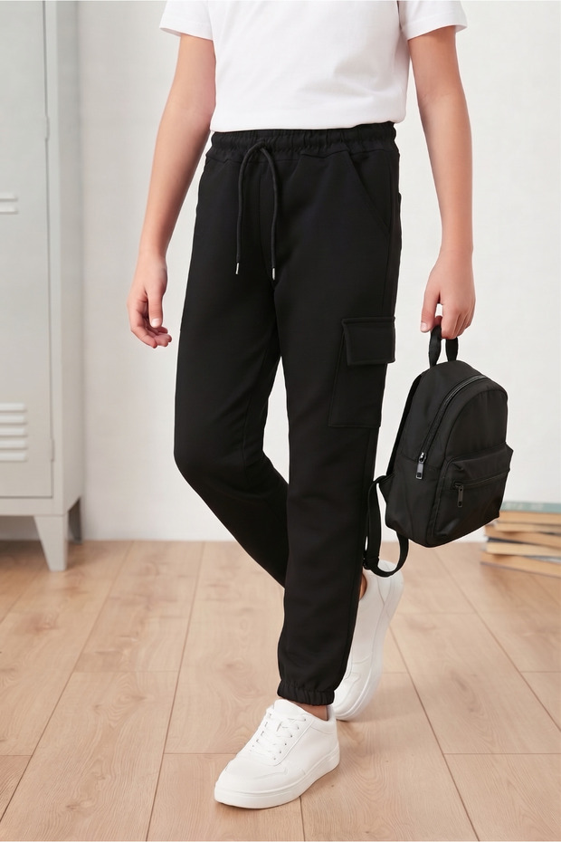 Girls' and Boys' Black Color Cargo Pockets Elastic Waist and Cuffs School and Casual Jogger Sweatpants