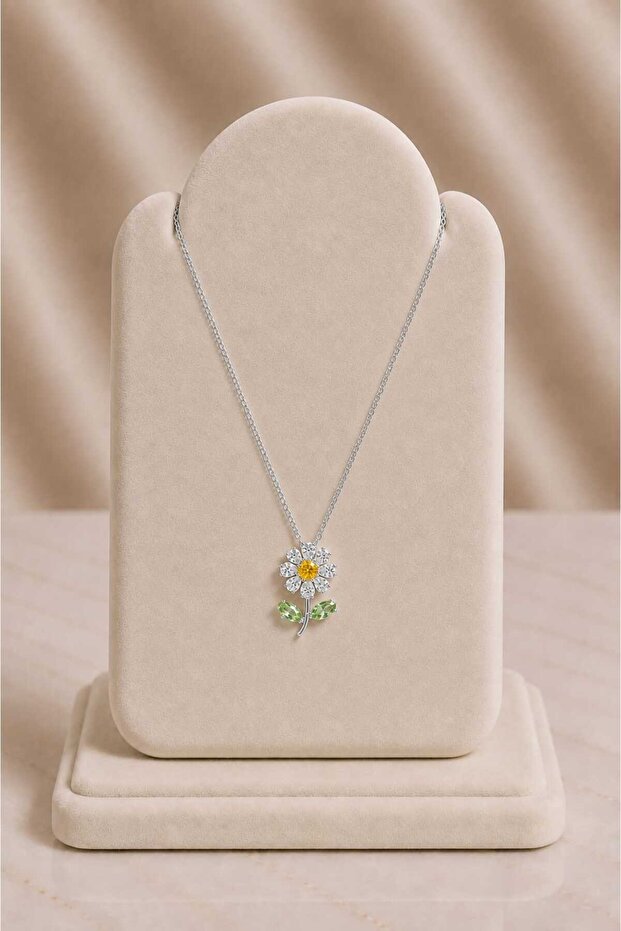 Silver Necklace with Flower Figures and Yellow and Green Stones