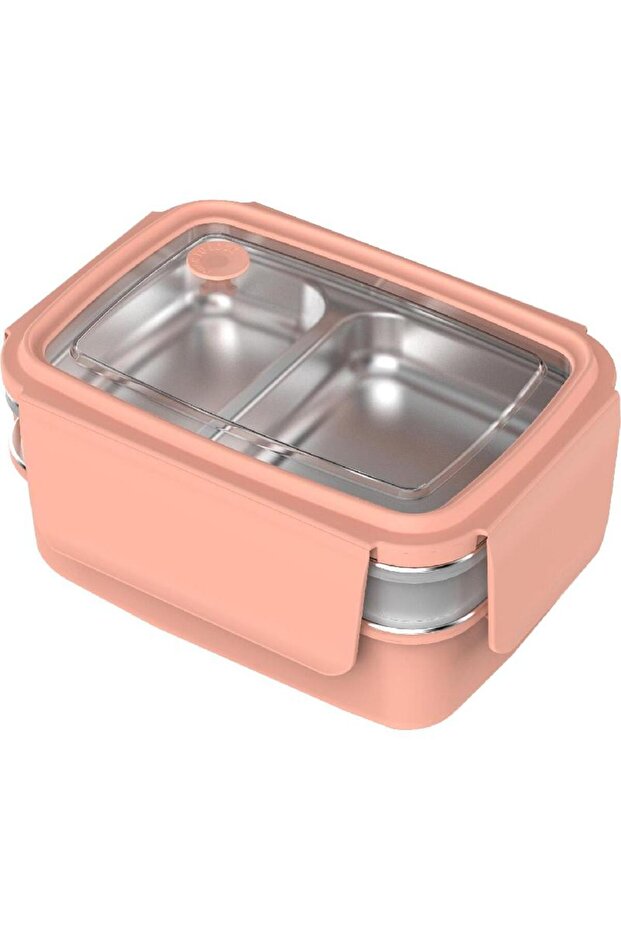 Lunch Box, Rectangle - Double Deck with Fork, Peach