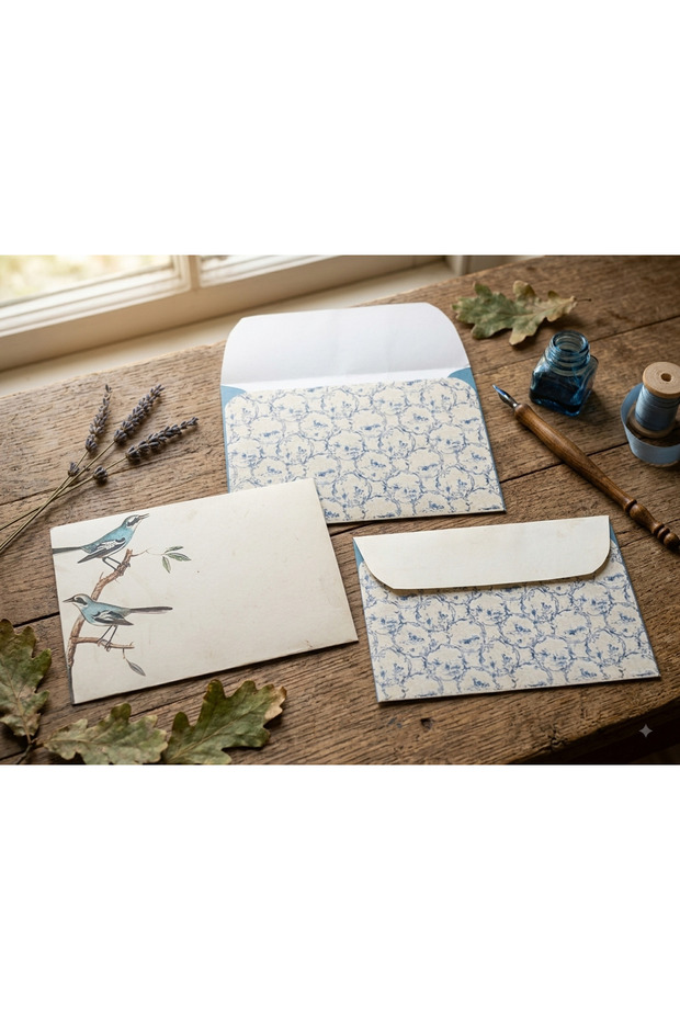 Blue Colored Bird Themed Letter Envelopes (25 Pieces)