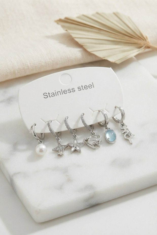 316L Steel Silver Color Fish and Sea Concept Earring Set -