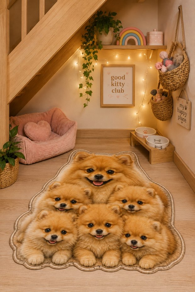 Pomeranian Boo Dog Figured Special Cut Asymmetrical Digital Printed Non-Slip Base Washable Carpet - Food Mat, Food Pad - 60X90 cm