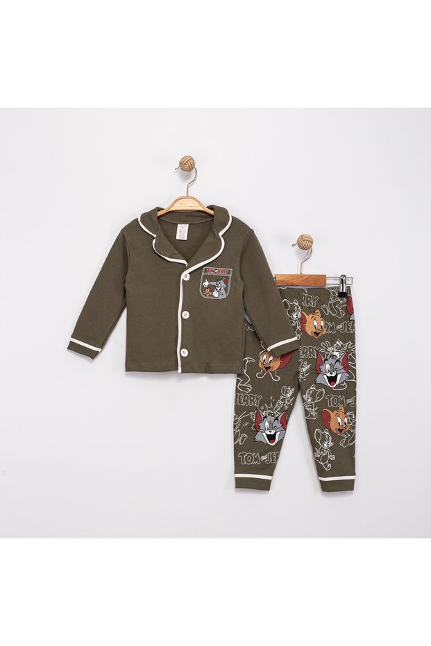100% Cotton Long Sleeve Buttoned Character Patterned Soft Textured Bottom and Top Unisex Baby Pajama Set for Girls and Boys