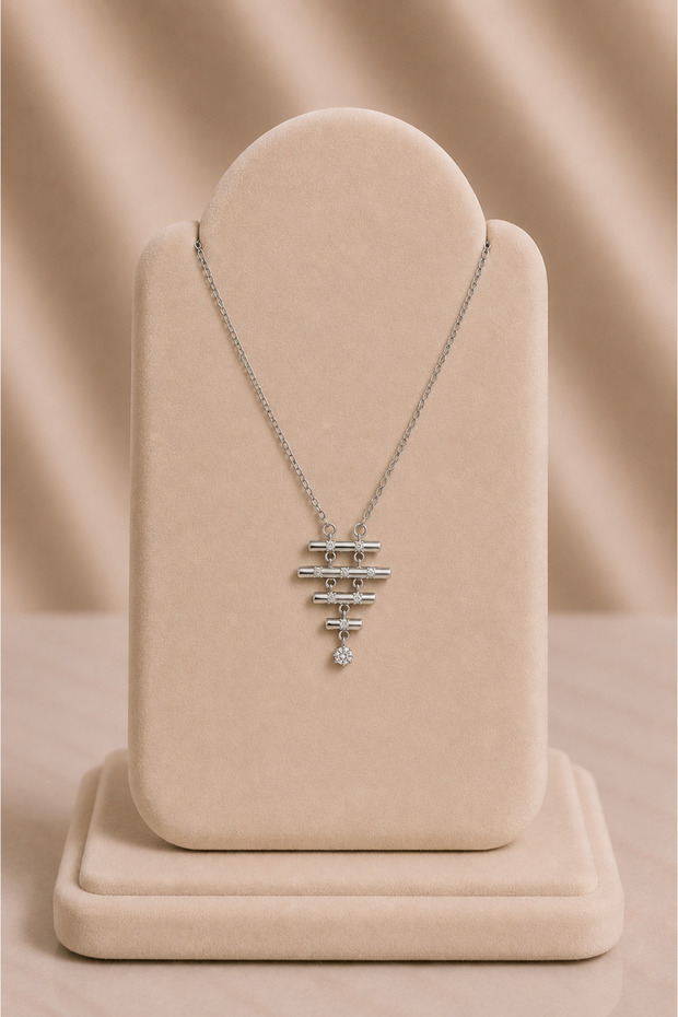 Stone Detailed Layered Silver Necklace