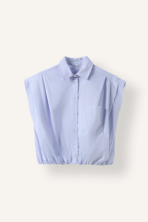 100% Cotton Overshirt Fit Classic Collar Striped Pocketed Poplin Hem Elasticated Sleeveless Crop Shirt I7332