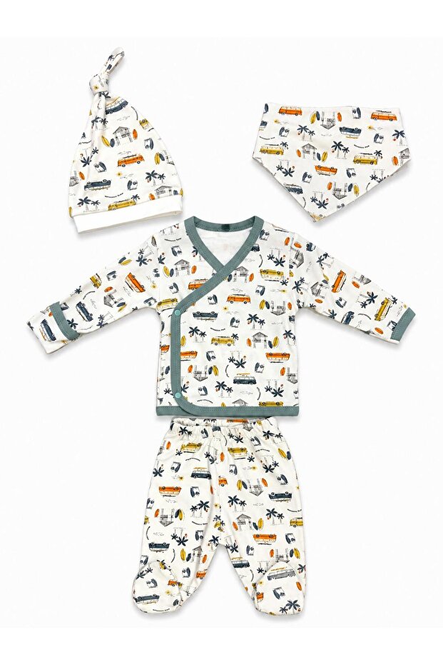 Newborn Car Patterned Hospital Discharge Set with 4 Self-Gloves