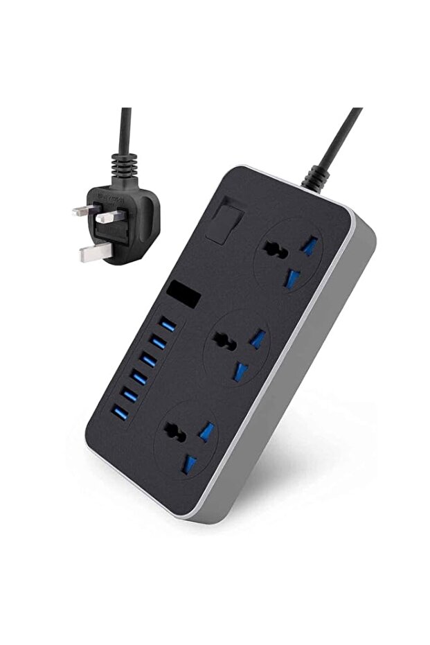 BEONE Extension Lead Cord, 2 Meter Power Strip Plug Adapter with 6 Way Power Extension Cord 4 USB P