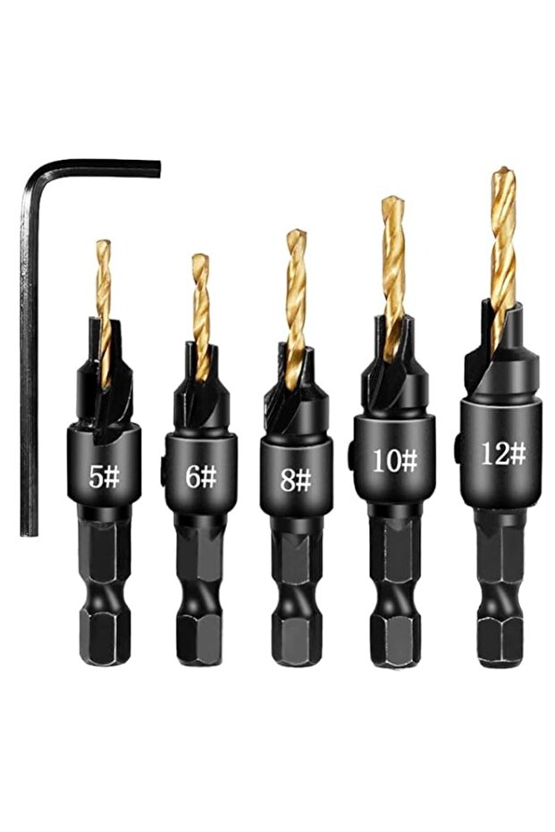 X spring Countersink Drill Bit, 5PCS HSS Titanium Coated Countersink Set, Adjustable Depth 1/4 Hex