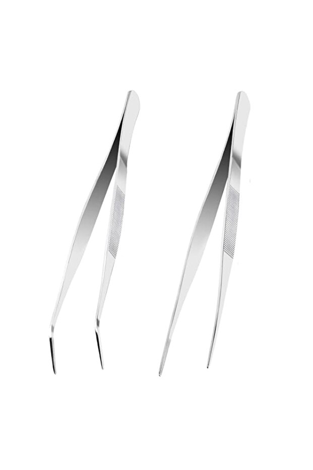 Stainless Steel Tweezers, 9.8inch 2Pcs, Straight & Curved Tip, Anti-Static, Sewing Machine, Curved