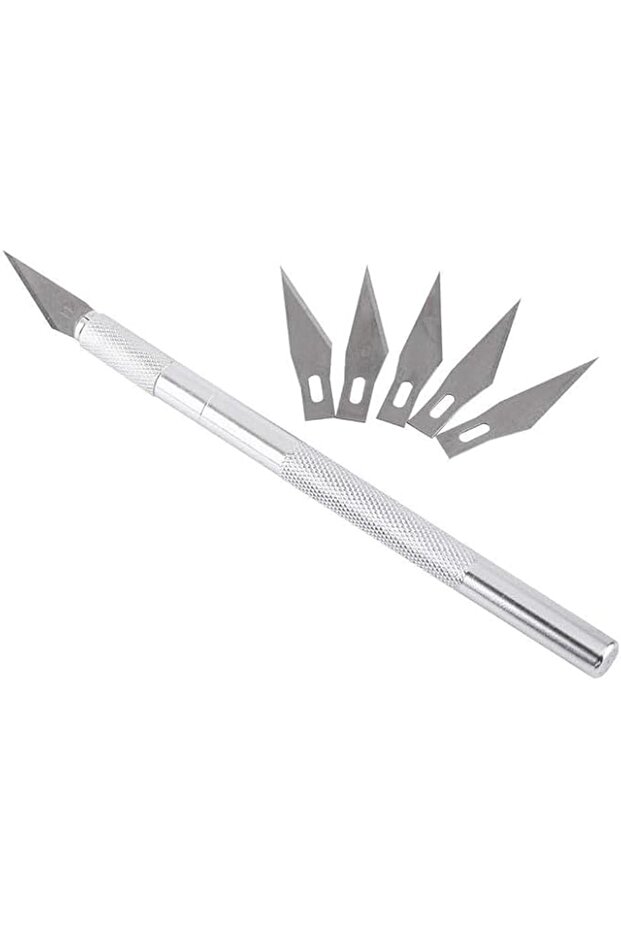 Precision Craft Knife Cutter with 6 Replacement Blades, Metal Handle, Silver