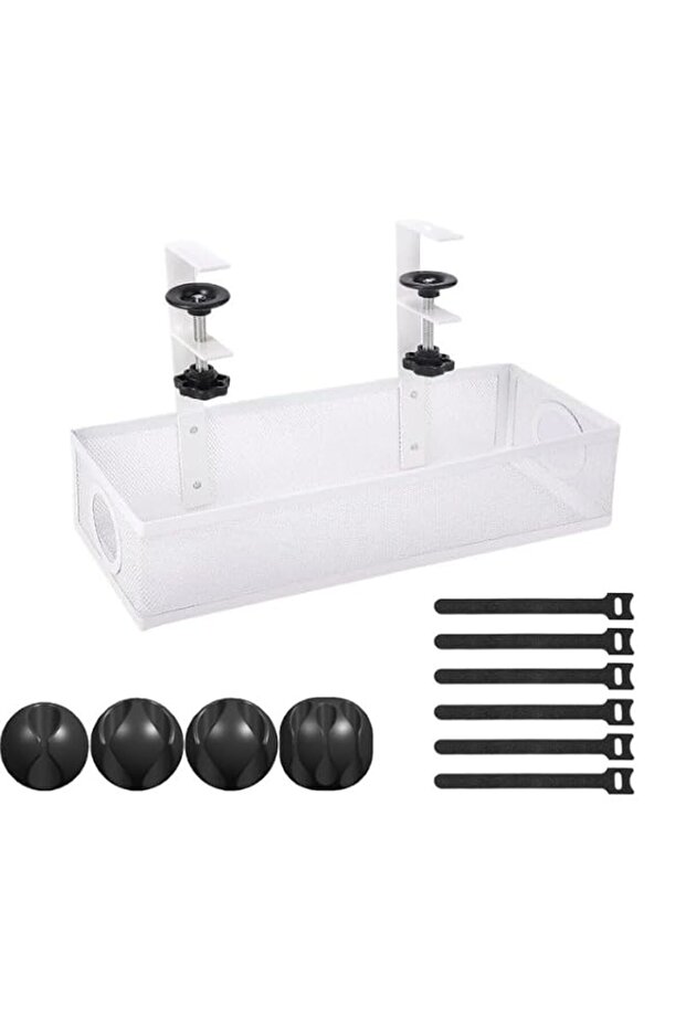 White Clamp-On Under Desk Cable Management Tray, No-Drill Mesh Wire Organizer for Home & Office
