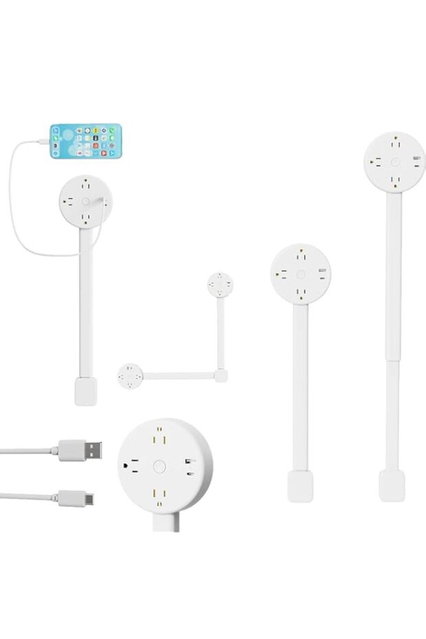 Extendable Power Strip with 2 AC Outlets, USB-A & USB-C Charging Ports, 180° Rotating Telescopic Ou