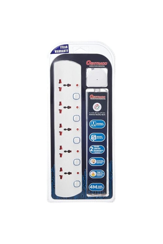 Oshtraco 5-Way Universal Extension Socket with 4 Meter Wire, Multicolor