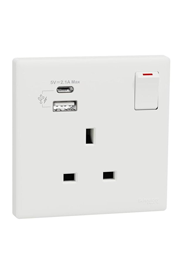 Switched socket with USB, Vivace E, 13A, 250V, type A+C, 2.1A, white