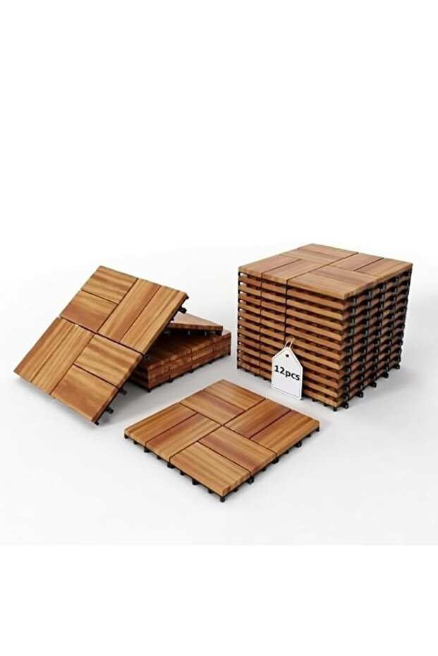 12-Pack Wood Deck Tiles, 12"x12" Interlocking Flooring for Patio, Balcony, Poolside & Indoor Use -