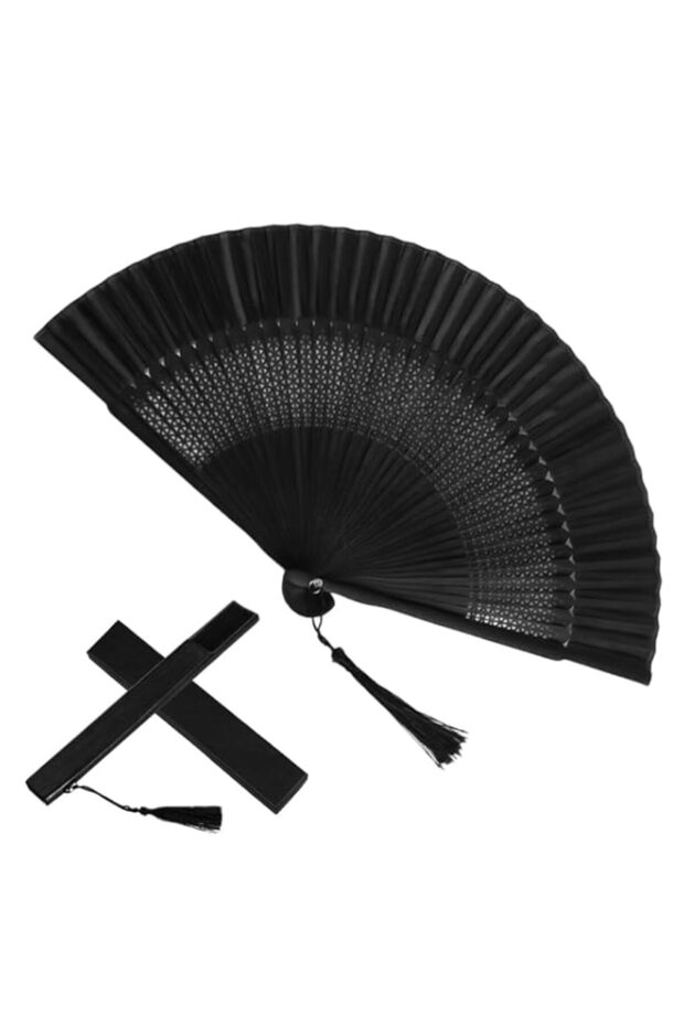 HASTHIP® Black Handheld Paper Fan, Folding Bamboo Fabric Fan, Traditional Chinese Cooling Fan with