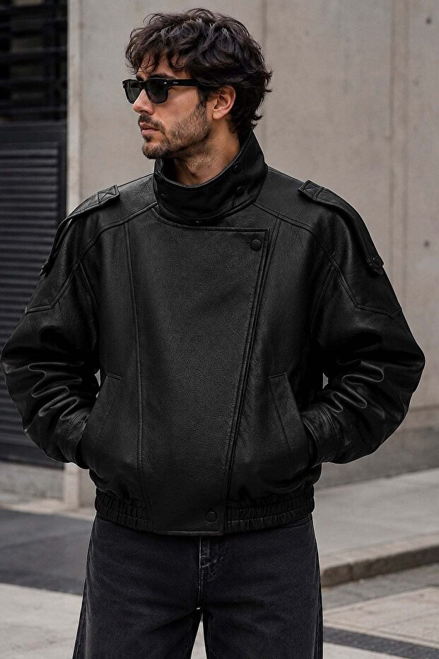 Oversized Black Leather Jacket