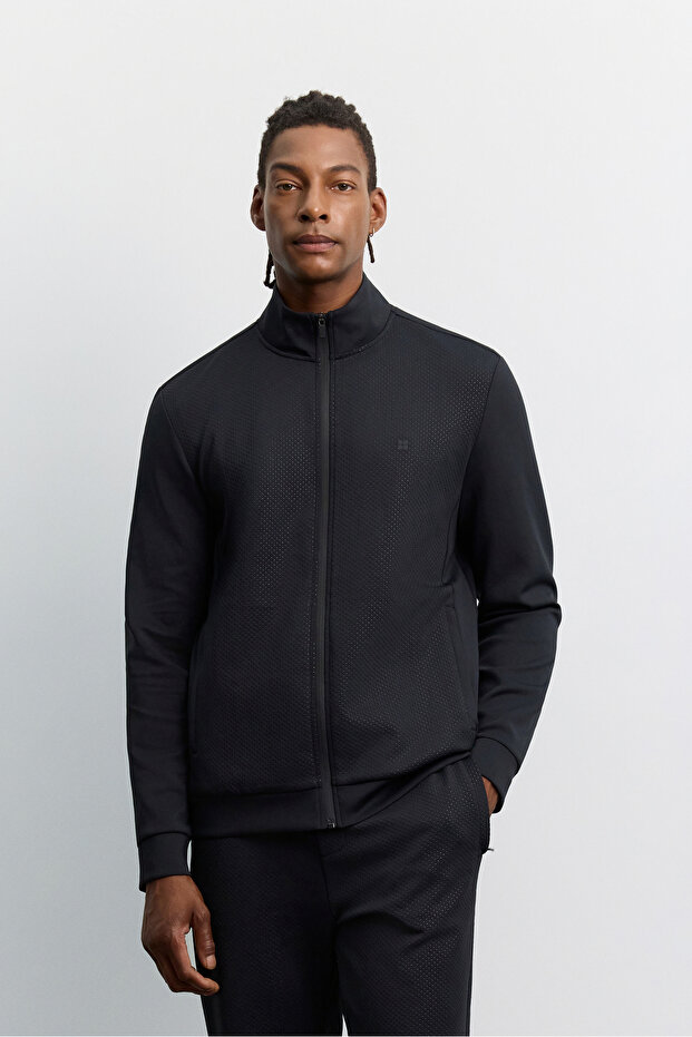 Men's Black Stand-Up Collar Zippered Front Panel Mesh Detailed Side Pocket Technical Cardigan A62Y1319